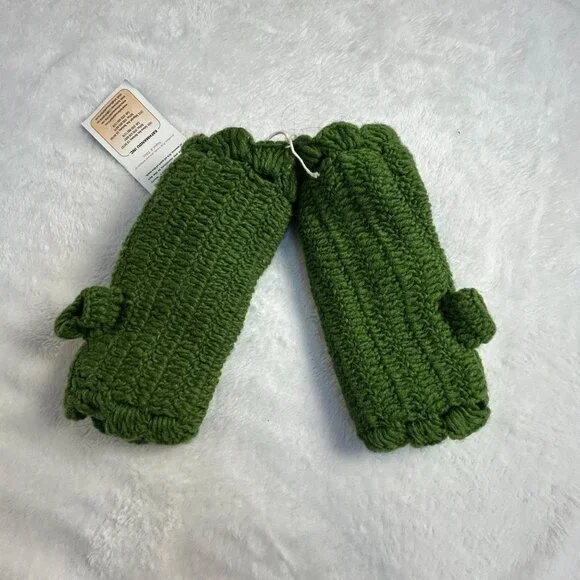 Kathmandu Inc Hand Warmer Wool Fingerless Gloves Floral Crochet Detail Green New - Picture 2 of 4
